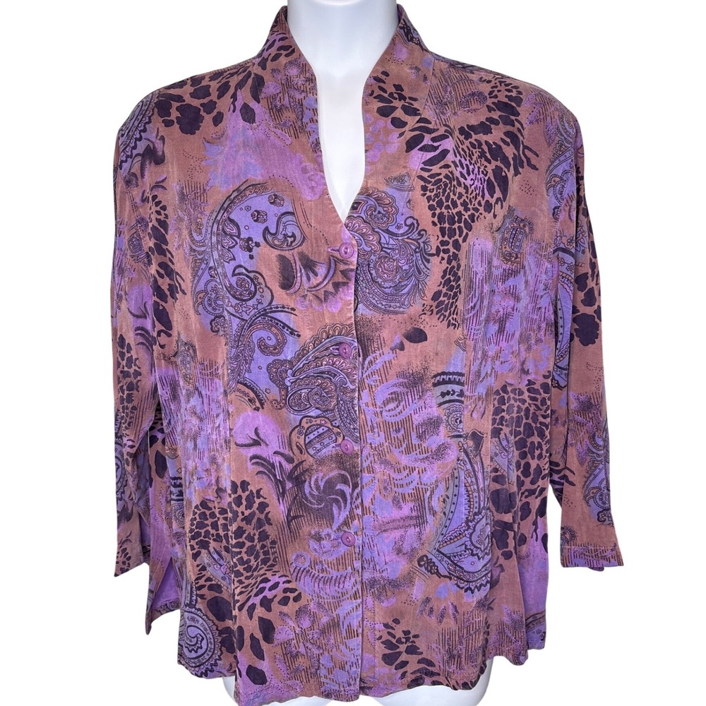 TIANELLO Purple Paisley Leopard Button Front Blouse 3X Bohemian Chic Art To Wear